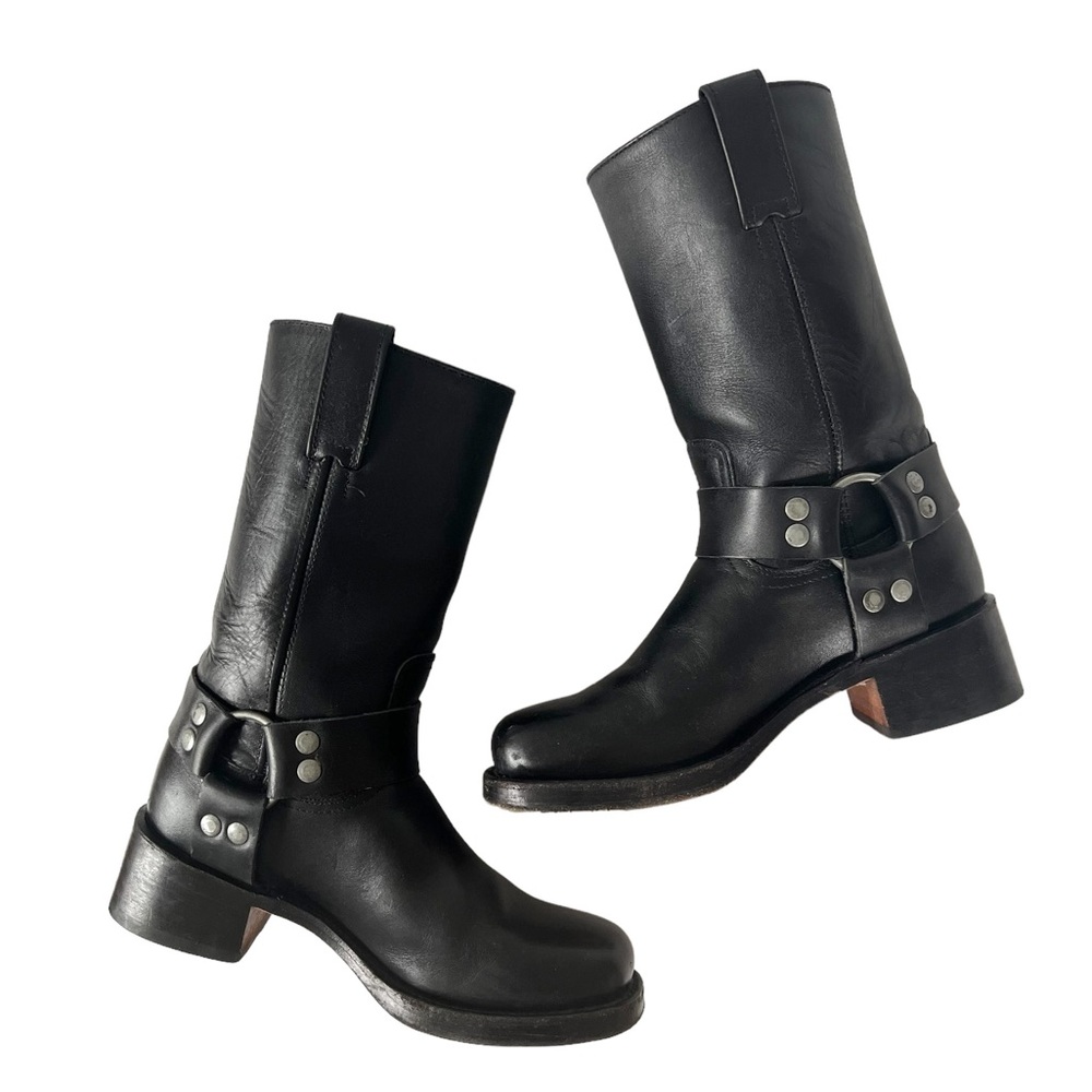Frye Vintage Y2K Black Leather Square Toe Harness Boots Size 6.5 - Picture 1 of 13